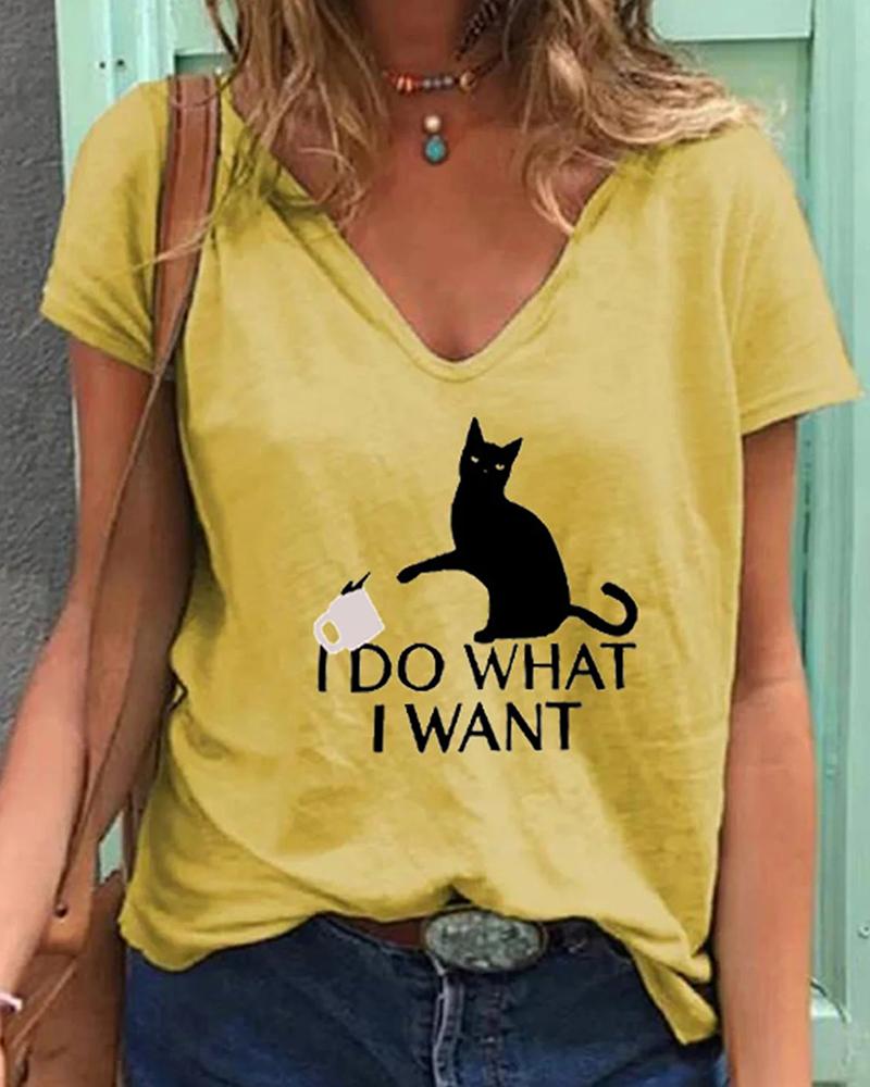 

Cat Print Short Sleeve Loose T-shirts, Yellow