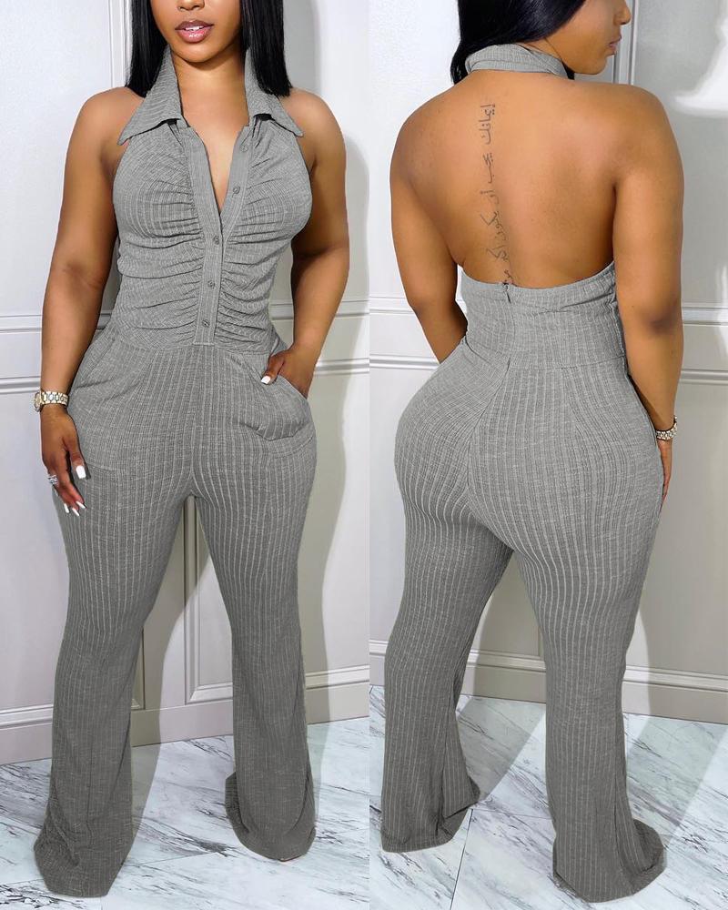 

Halter Backless Button Front Ruched Jumpsuit, Gray