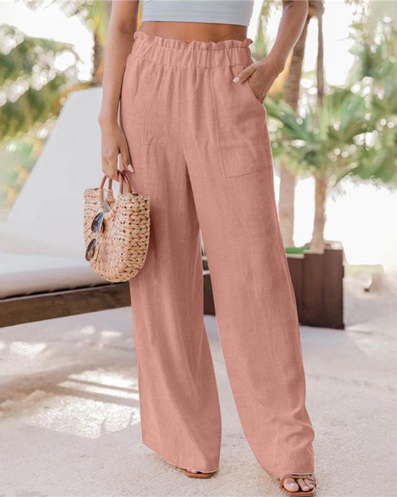 

Patch Pocket Frill Hem High Waist Pants, Pink