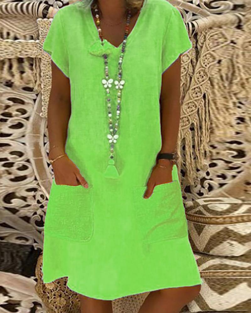 

Pocket Design Short Sleeve Tassel Design Casual Dress, Green