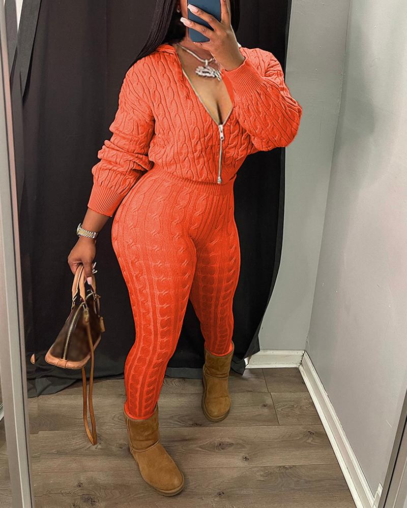 

Long Sleeve Hooded Zip Front Cable Knit Top & Pants Set, Orange