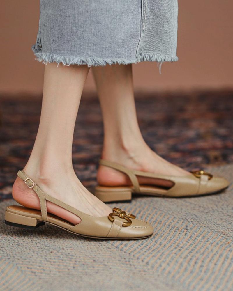 

Round-toe Solid Color Splicing Buckle Flat Slip-on, Khaki