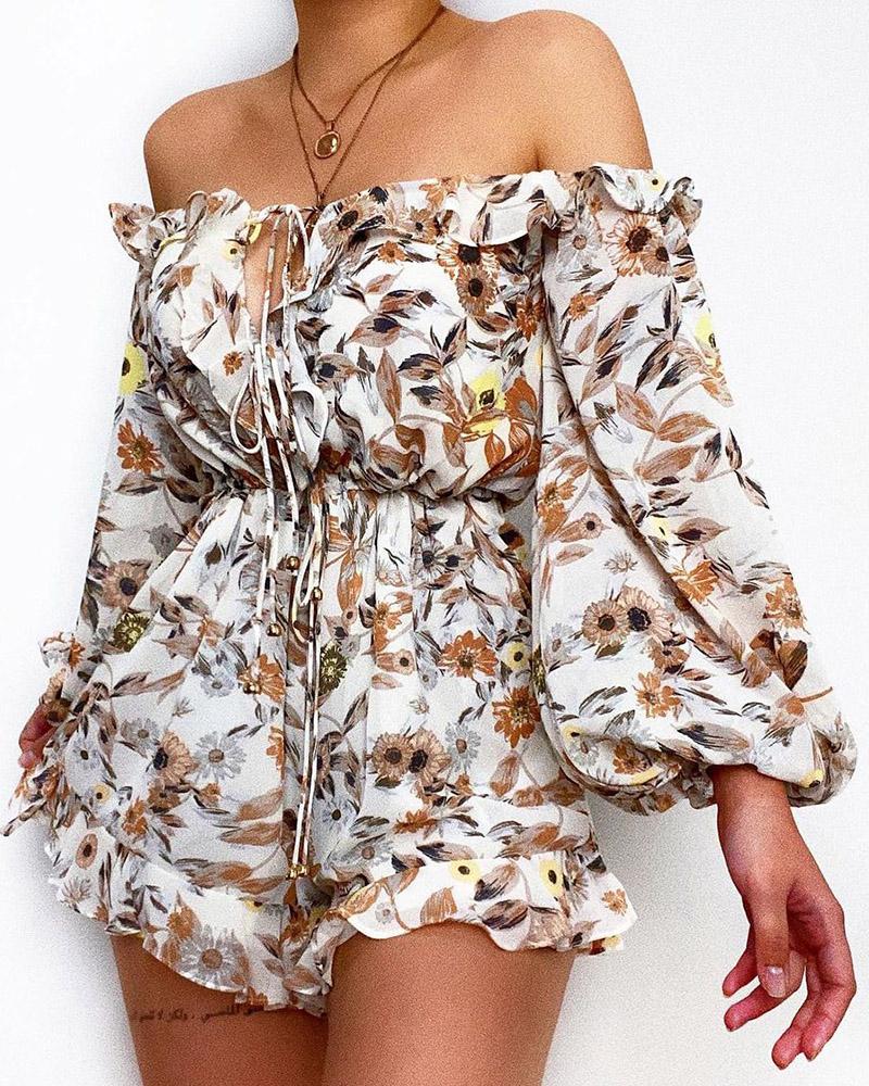 

Off Shoulder Floral Print Ruffles Lantern Sleeve Romper, Brown