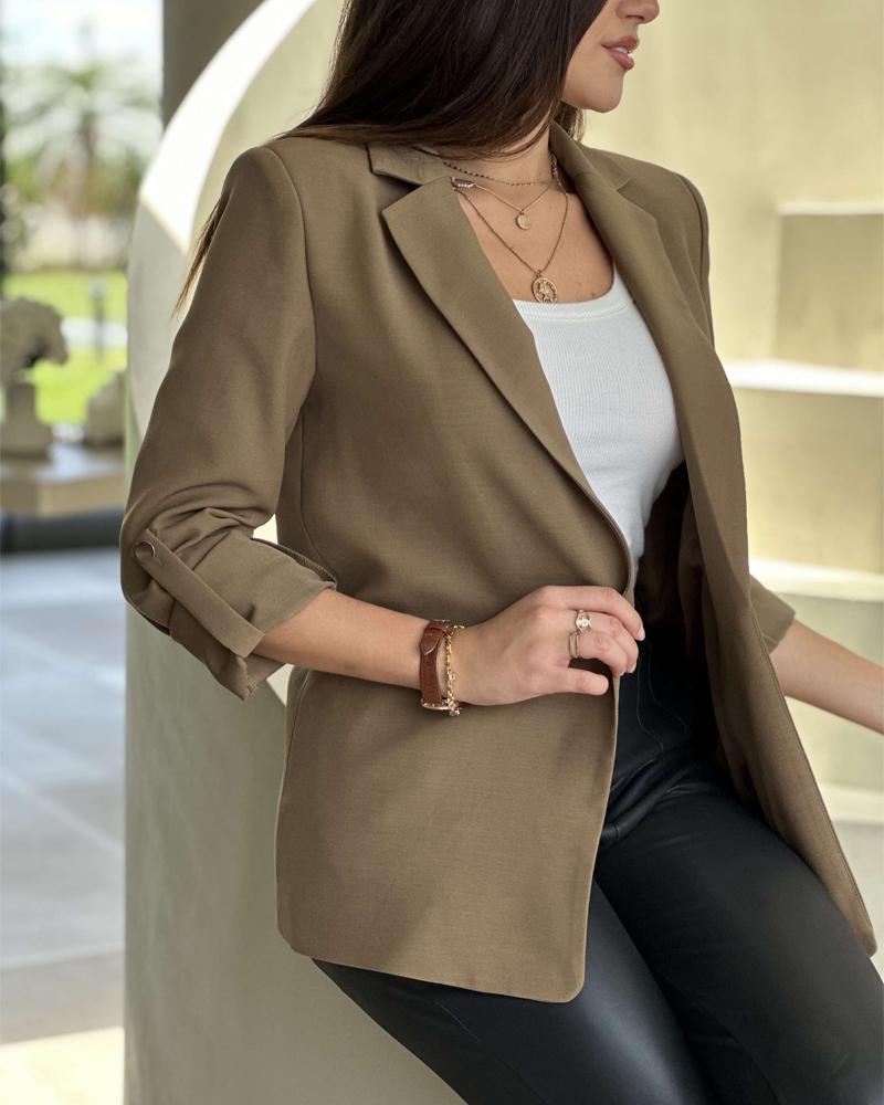 

Manteau blazer à col cranté et manches retroussées, Light coffee