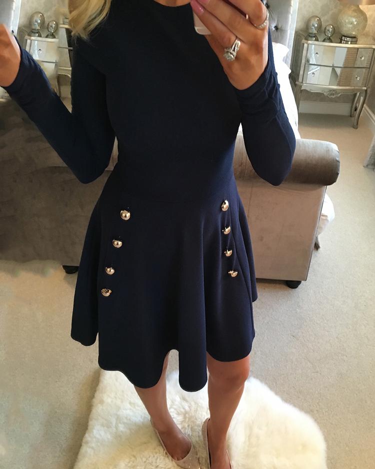 

Double-breasted Pleated Casual Dress - Dark Blue