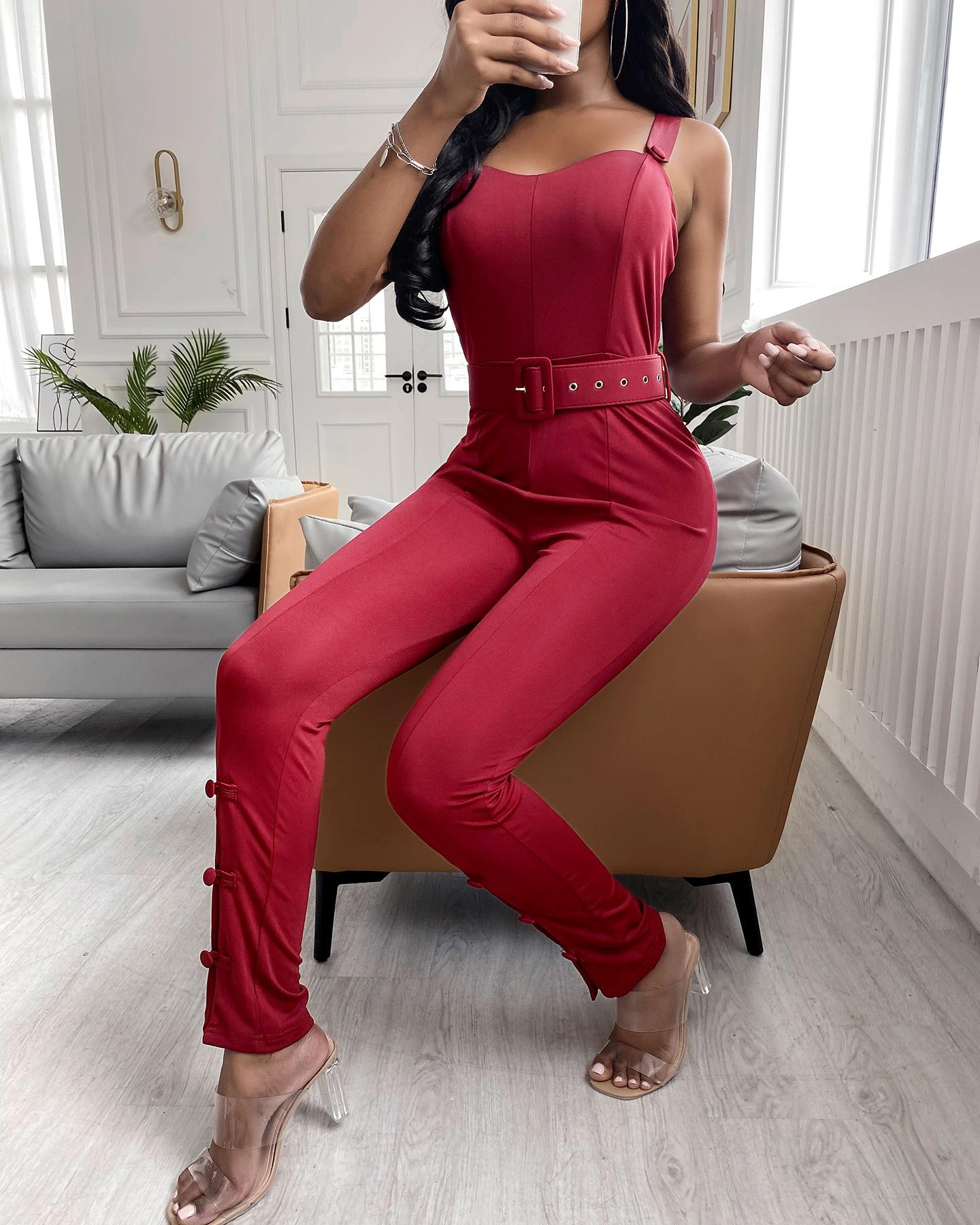 

Thin Strap Button Design Jumpsuit, Wine red