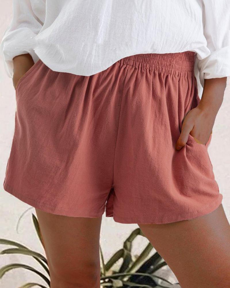 

High Waist Linen Blend Shorts, Red