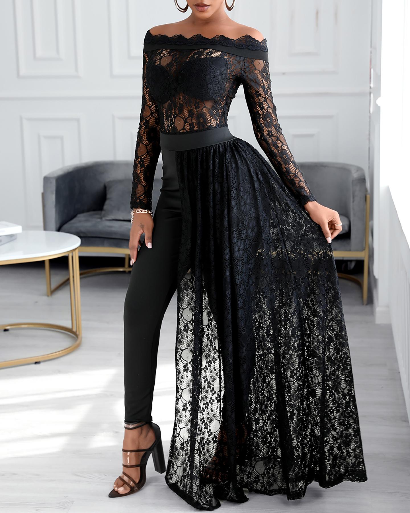 

Asymmetrical Crochet Lace Off Shoulder Jumpsuit, Black