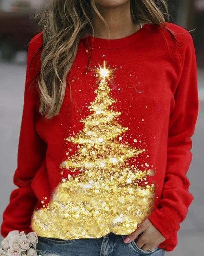 

Christmas Tree Print Long Sleeve Sweatshirt, Style2