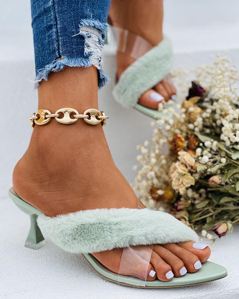 

Fluffy Clear Strap Pointed Toe Pyramid Heels, Green