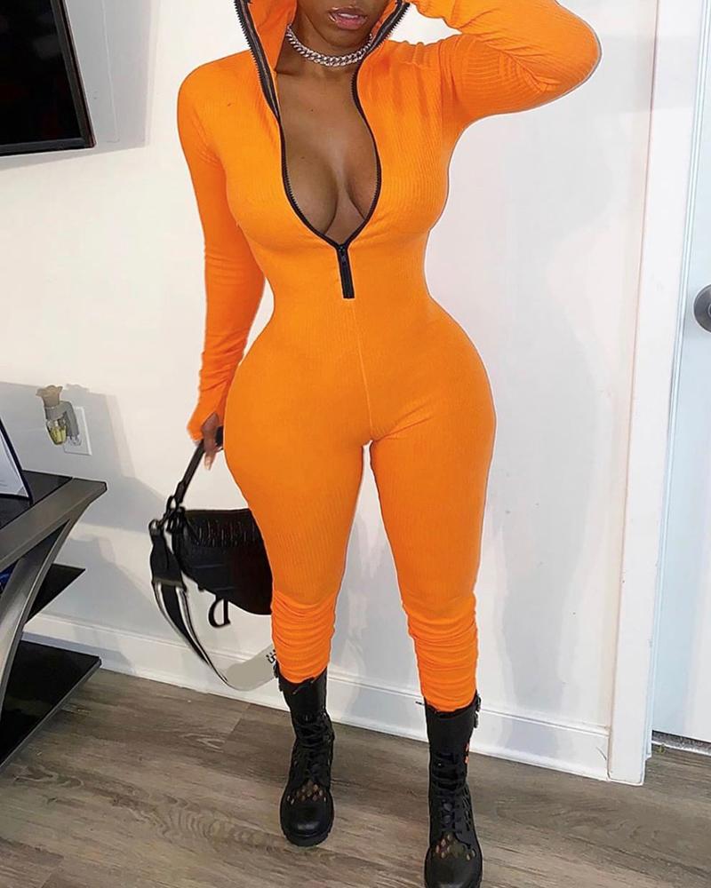 

Contrast Binding Zip Front High Neck Jumpsuit, Orange
