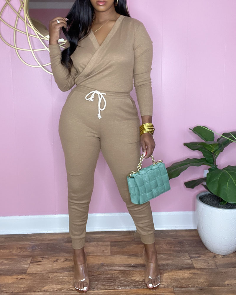 

Long Sleeve Wrap Top & Drawstring Pants Set, Khaki