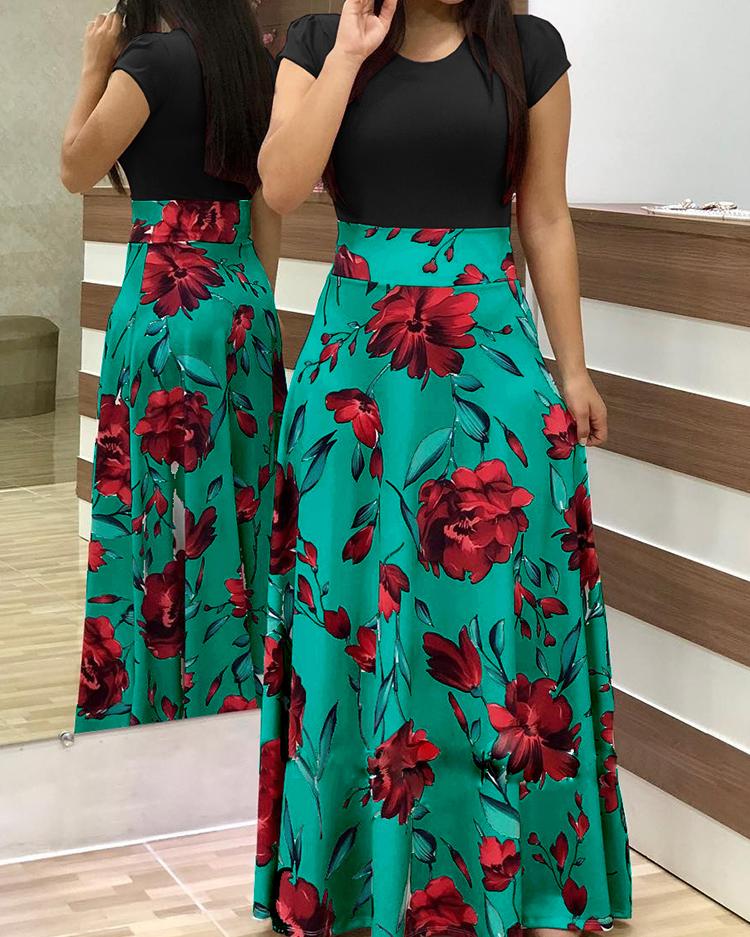 

Short Sleeve Floral Print Maxi Dress, Black