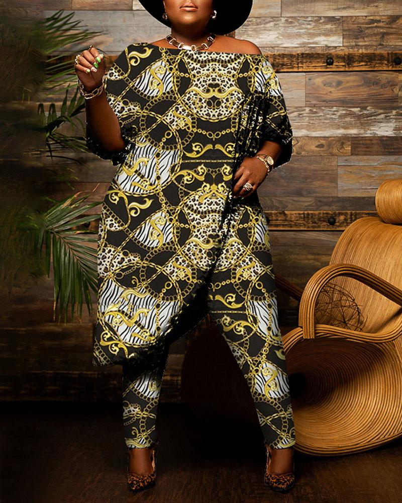 

Plus Size Chain Scarf Print Asymmetrical Top & Pants Set, Black