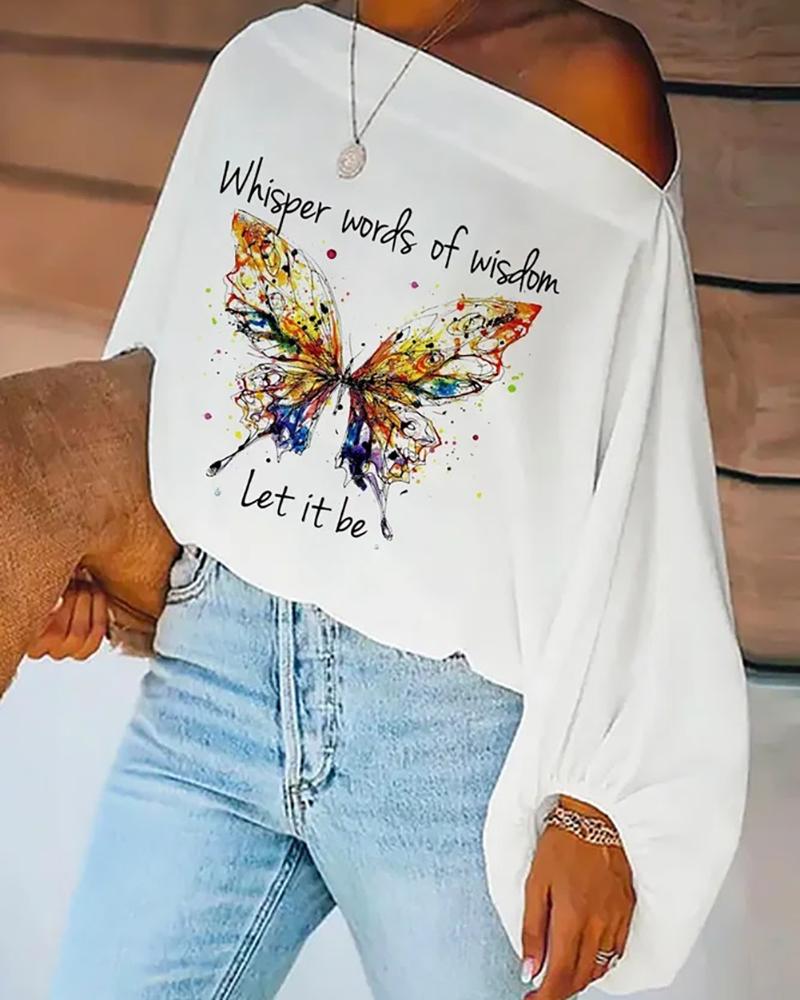 

Butterfly Letter Print Lantern Sleeve Top, White