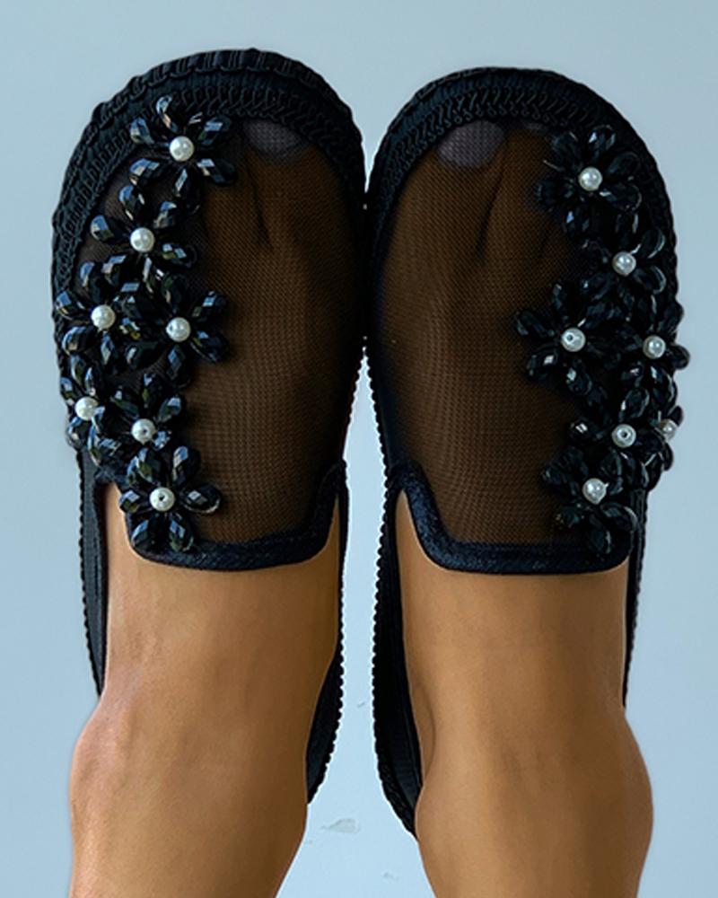 

Studded Floral Pattern Sheer Mesh Casual Shoes, Black