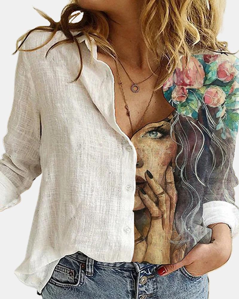 

Figure Print Button Design Long Sleeve Casual Shirt, White