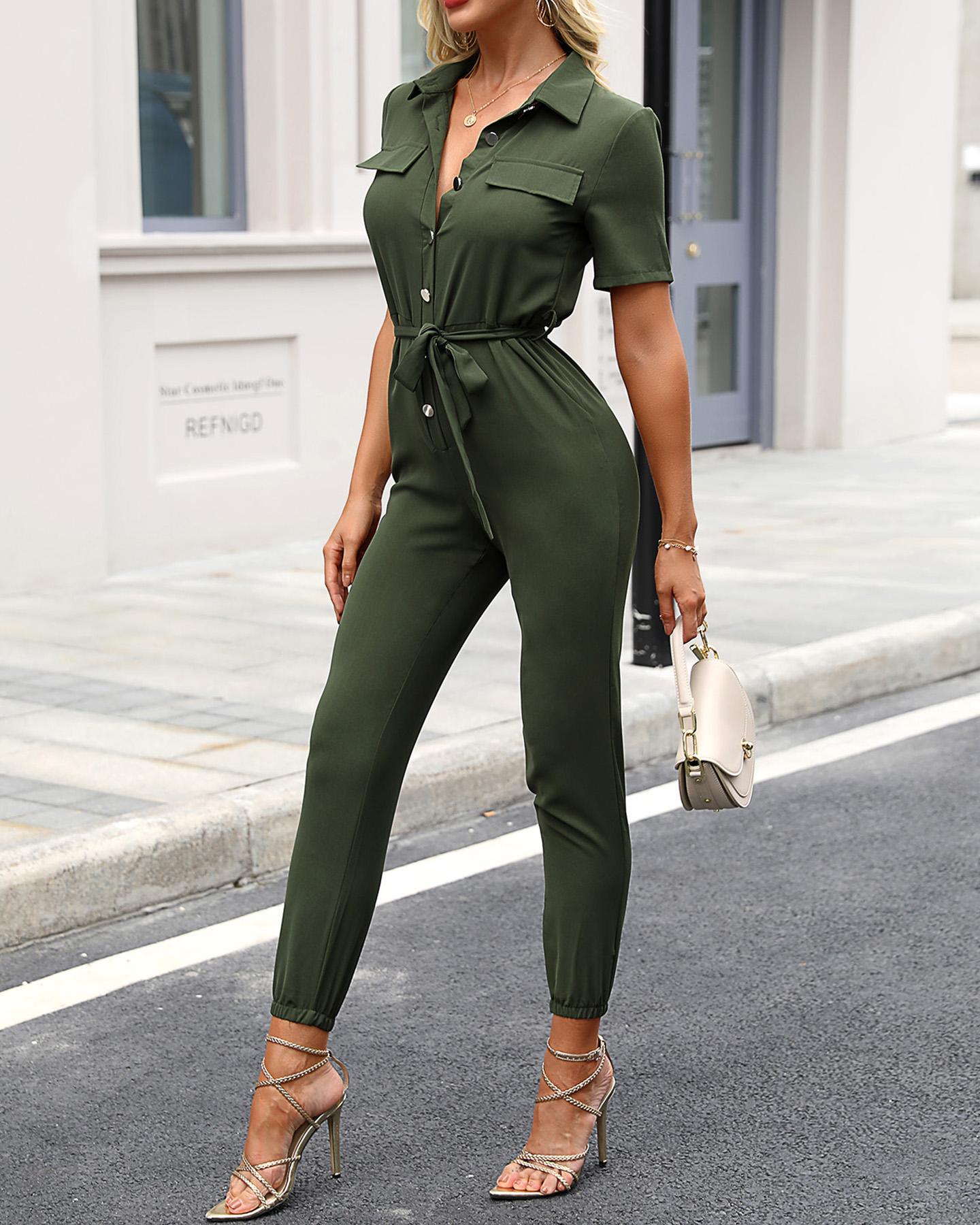 

Pocket Design Short Sleeve Buttoned Jumpsuit, Army green