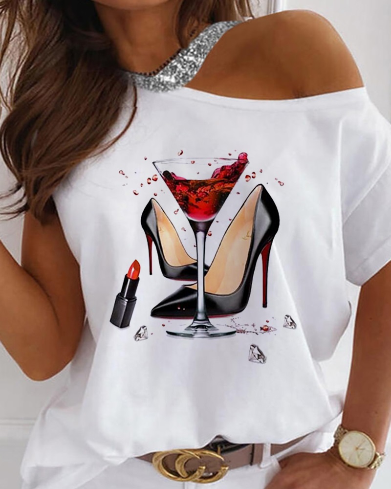 

Short Sleeve Sequins Graphic Print Top, White