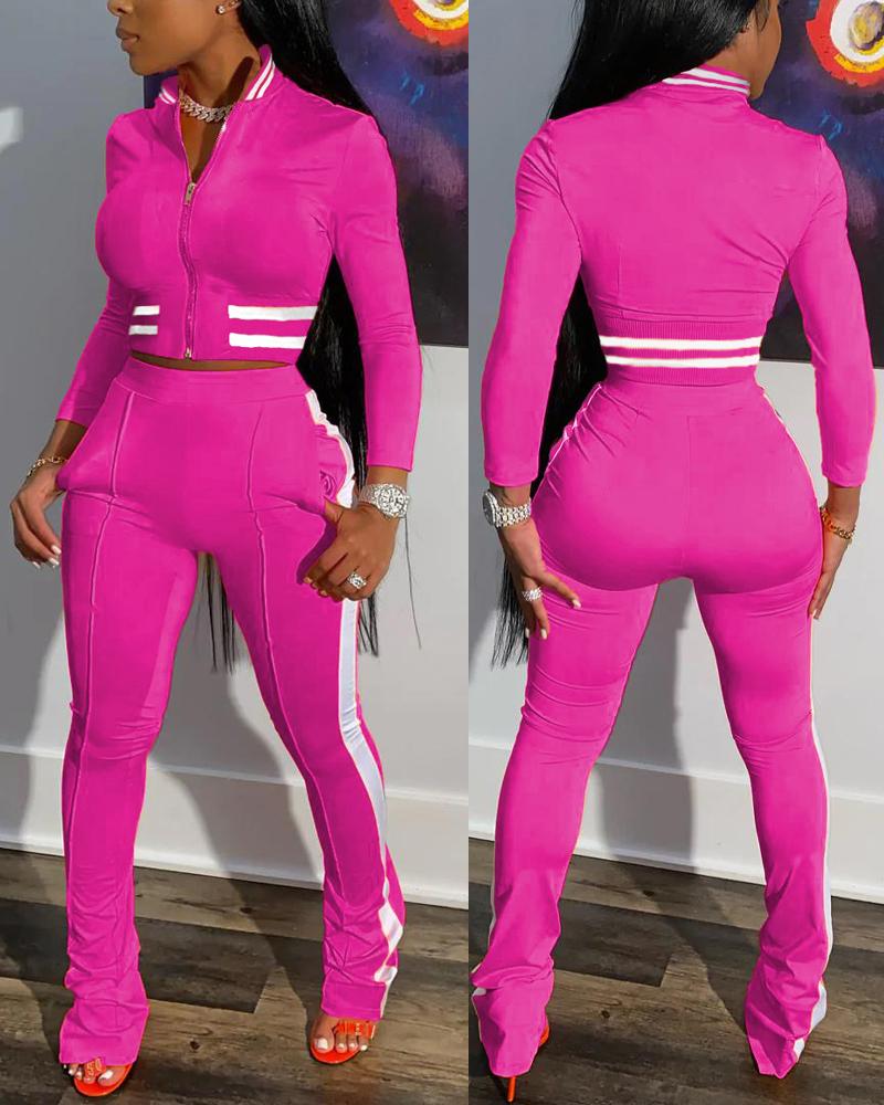 

Contrast Paneled Zip Up Bomber Jacket & Pants Set, Hot pink