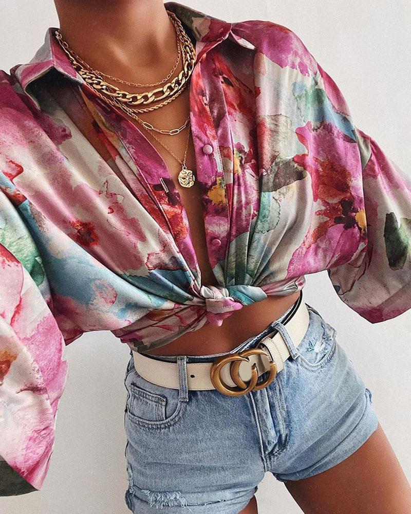 

Floral Print Colorblock Tied Front Crop Blouse, Purple