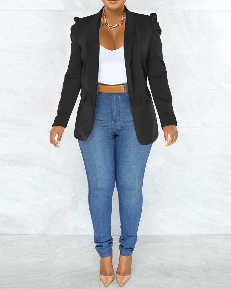 

Shawl Collar Puff Sleeve Pocket Design Blazer Coat, Black