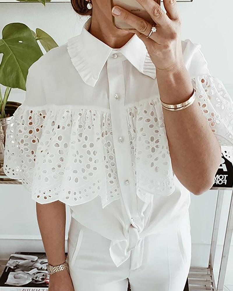 

Eyelet Embroidery Ruched Button Front Shirt, White