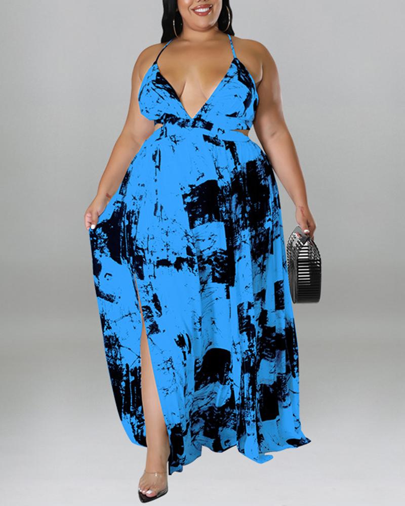 

Plus Size Abstract Print Crisscross Backless Slit Maxi Dress, Blue