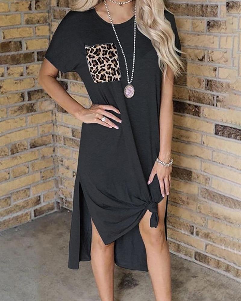 

Leopard Print Pocket Slit Casual Dress, Black