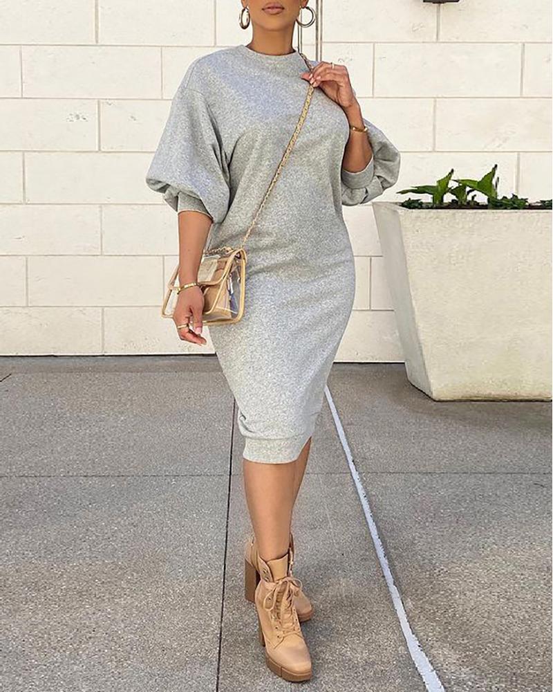 

Lantern Sleeve O Neck Casual Dress, Gray