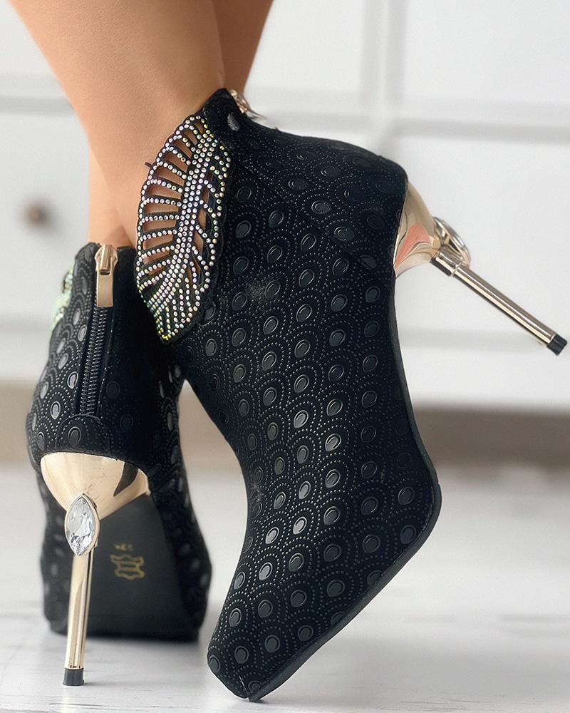 

Graphic Rhinestone Decor Stiletto Heel Ankle Boots, Black