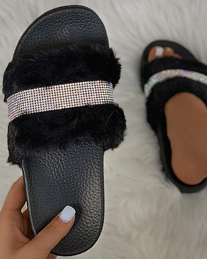 

Studded Fluffy Open Toe Slippers, Black