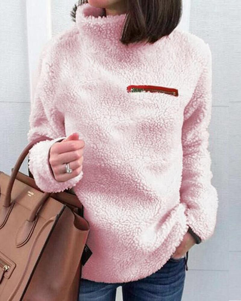 

Zipper Detail High Neck Teddy Sweatshirt, Pink