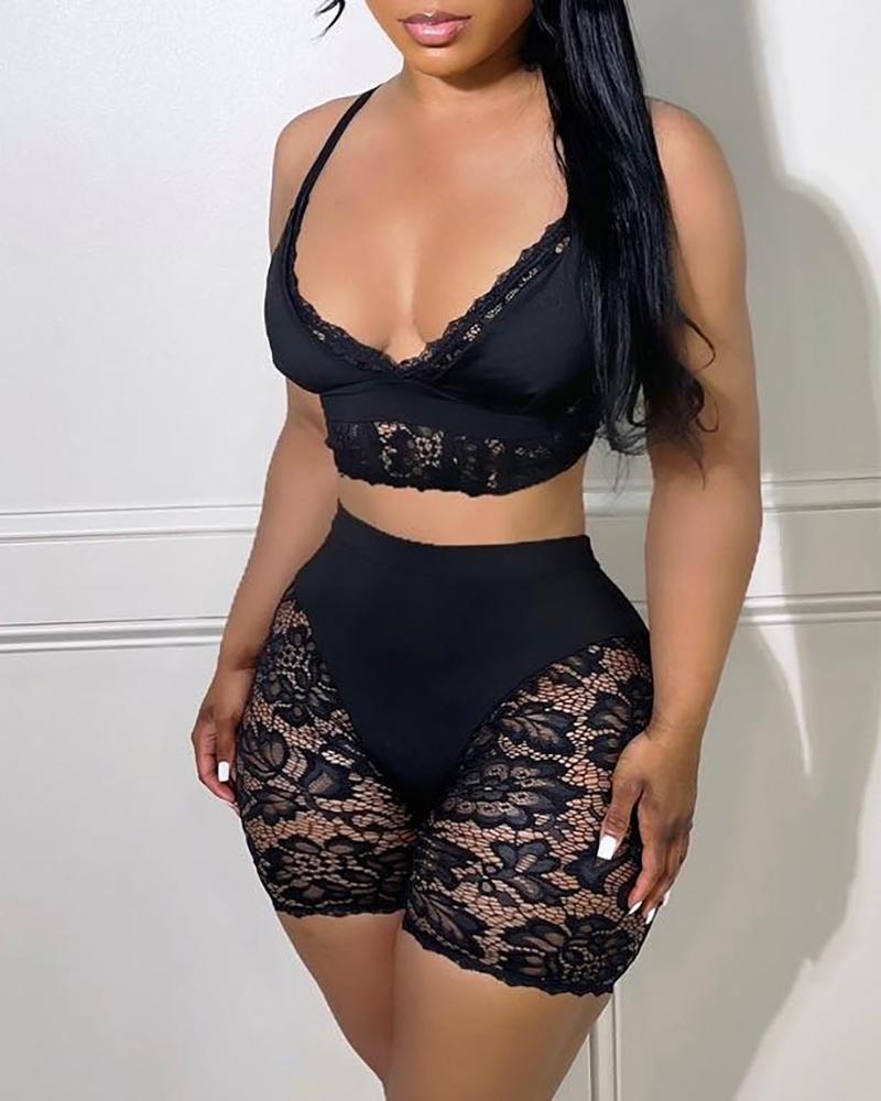 

Crochet Lace Cami Top & Shorts Set, Black
