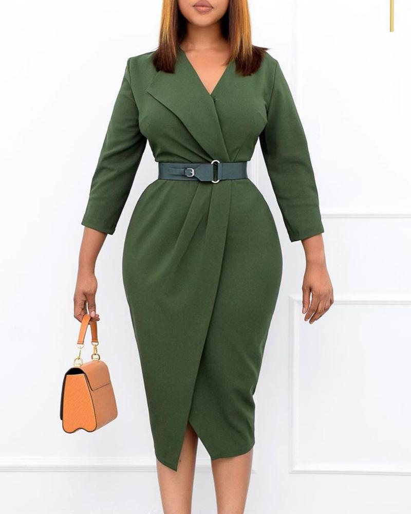 

Long Sleeve V-Neck Zipper Back Work Dress, Green