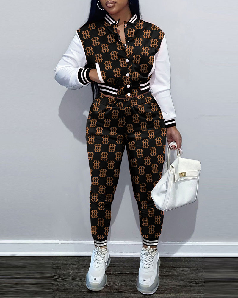 

ChicMe Striped Letter Print Baseball Jacket & Pants Set, Black