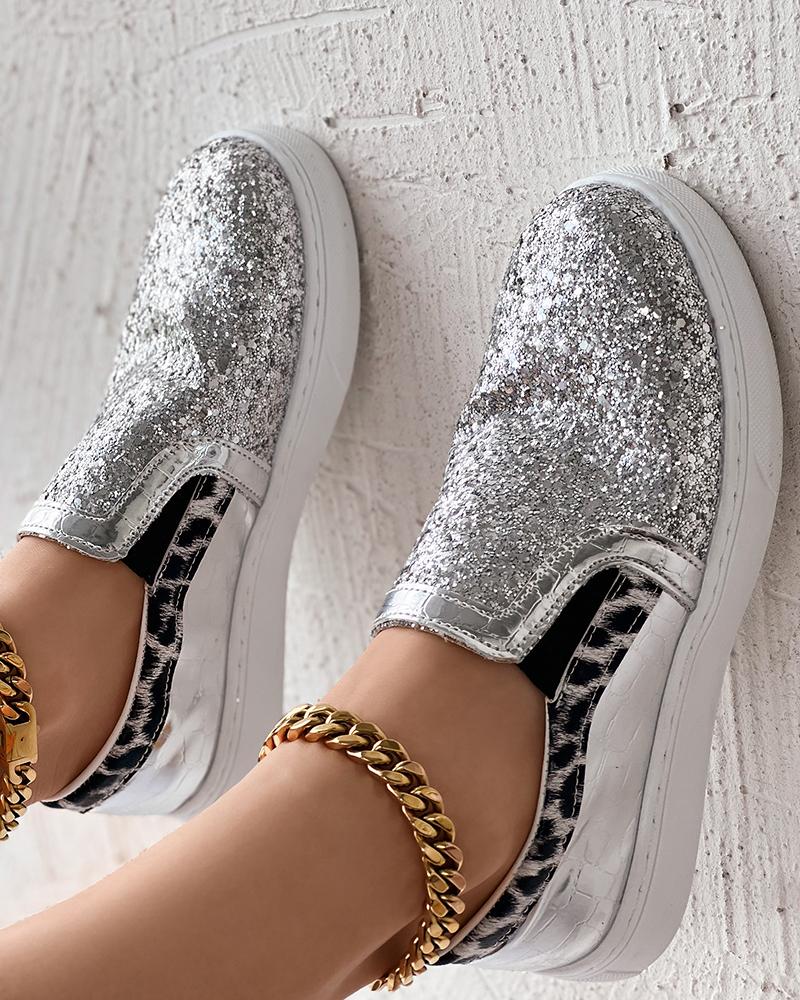 

Leopard Print Contrast Sequin Slip-On Sneakers, Silver