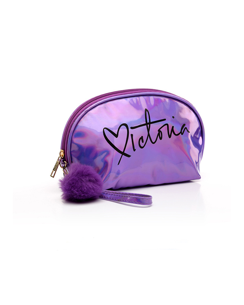 

Letter Print Laser Pom Pom Makeup Bag, Purple