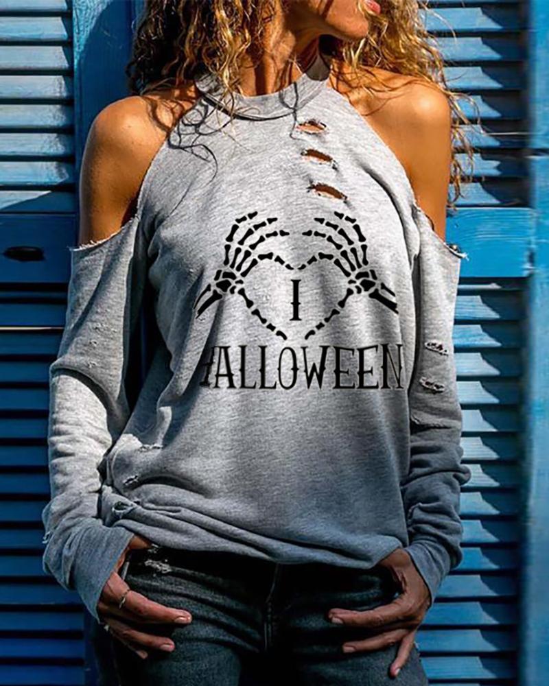 

Halloween Letter Heart Skeleton Print Cutout Top, Gray