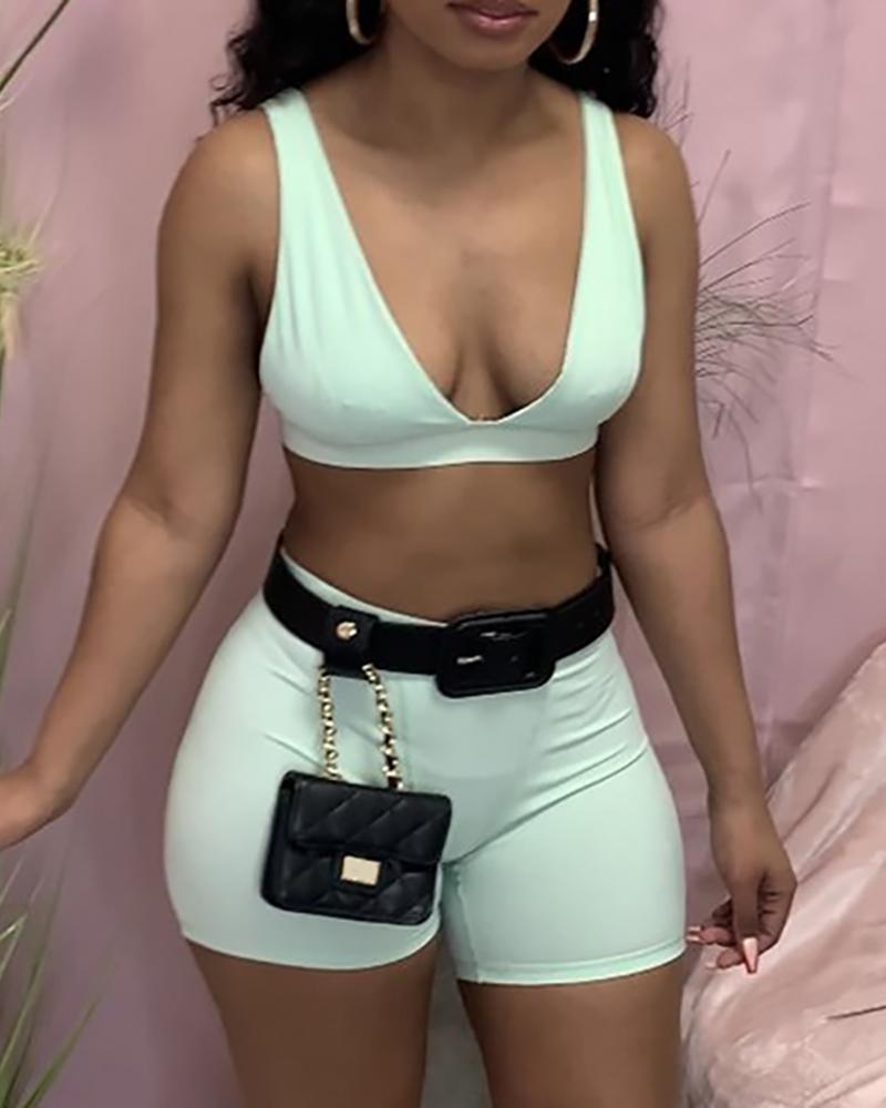 

Thick Strap Plain Top & Shorts Set, Light green