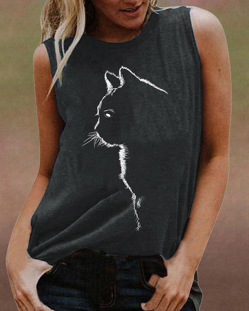 

Catty Graphic Sleeveless Loose Tanks, Gray