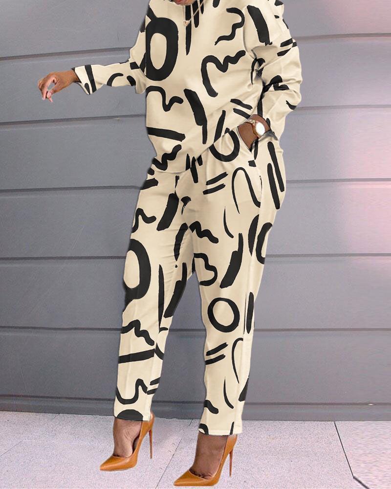 

Plus Size Abstract Print Long Sleeve Top & Pants Set, Apricot