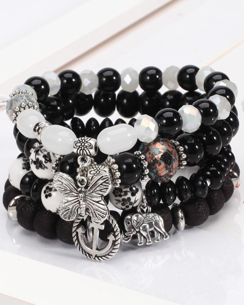 

4pcs Elephant Anchor Butterfly Shaped Pendant Stackable Bohemian Layered Beaded Unisex Bracelets Set, Black