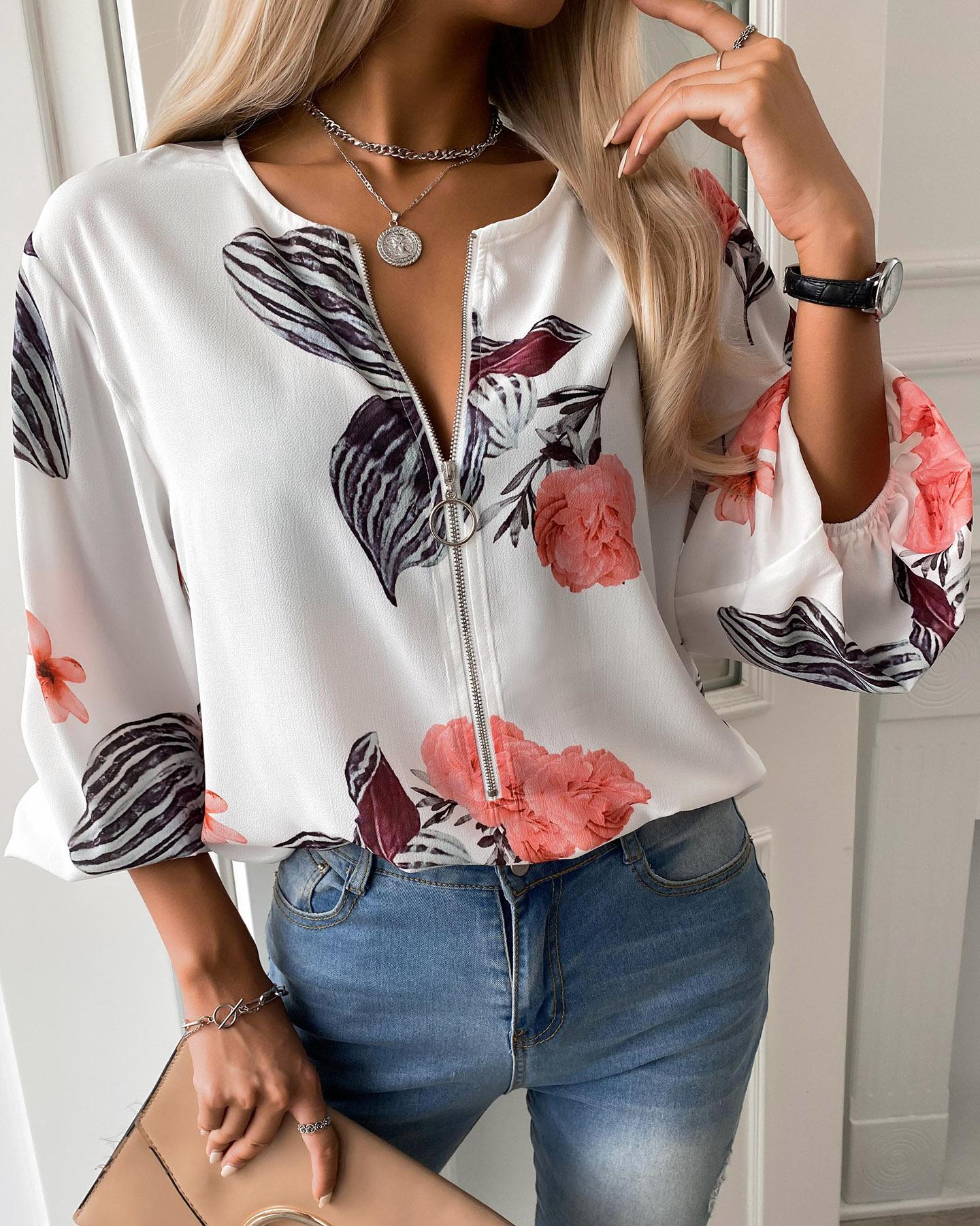 

V-neck Long Sleeve Zipper Front Floral Print Casual Top, White