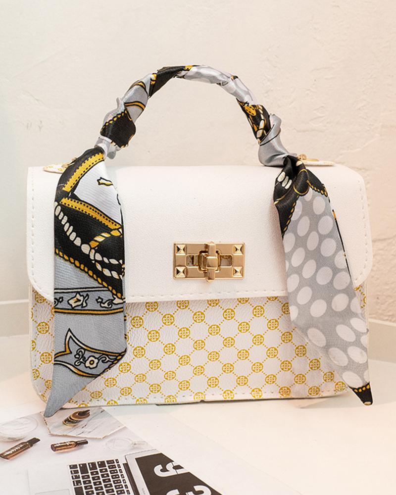 

Graphic Print Scarf Decor Handbag, White