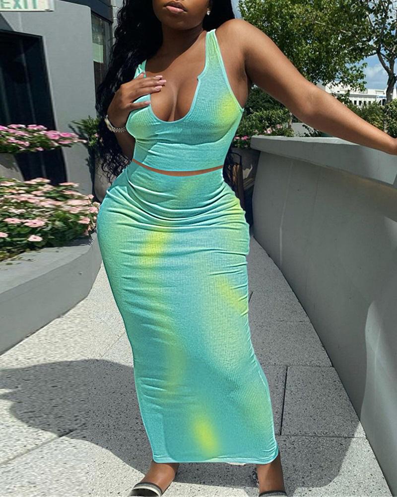 

Tie Dye Print Crop Top & Maxi Skirt Set, Green