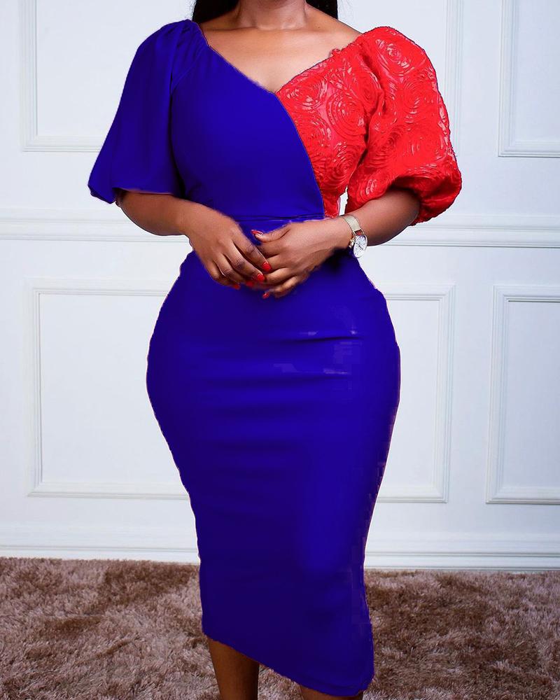 

Colorblock V-Neck Puff Sleeve Dress, Blue