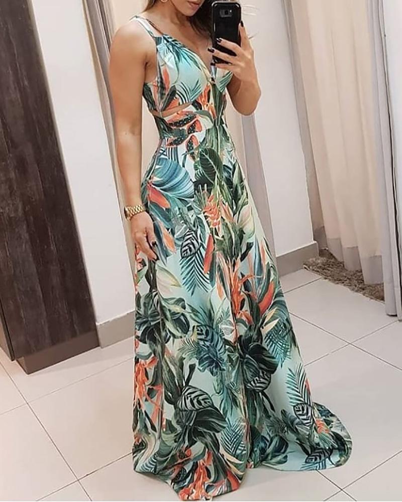 

Tropical Print Sleeveless Cutout Maxi Dress, Multicolor