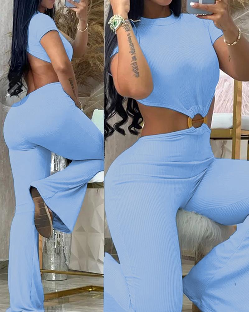 

O-Ring Decor Cutout Short Sleeve Jumpsuit, Lighted blue
