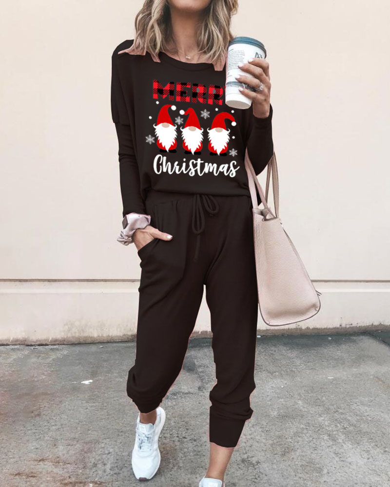 

Merry Christmas Gnomes Print Top & Pants Set, Black